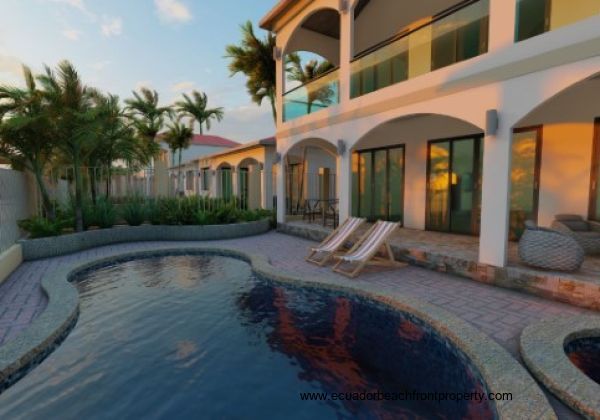 View of the beachfront facade of Estrella model with optional pool upgrade