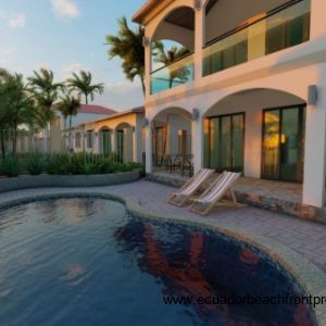 View of the beachfront facade of Estrella model with optional pool upgrade