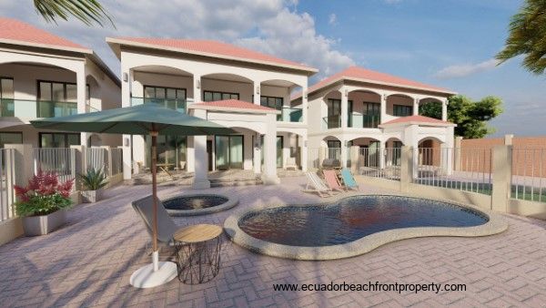 Oceanfront gated community in Ecuador Beachfront facade of the Ballena model