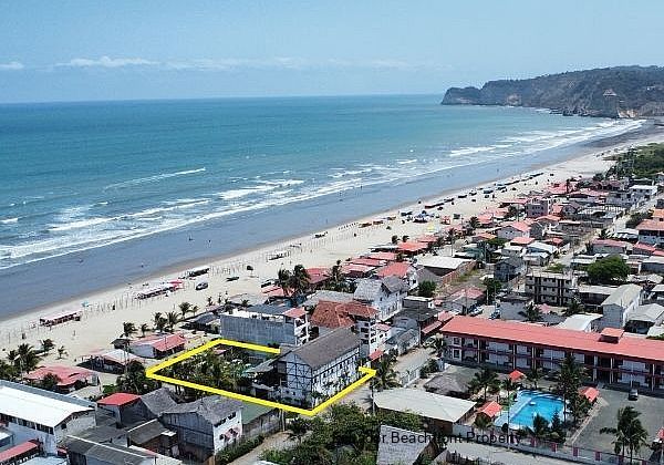 Aerial view of Canoamar beachfront hotel for sale in Canoa, Ecuador